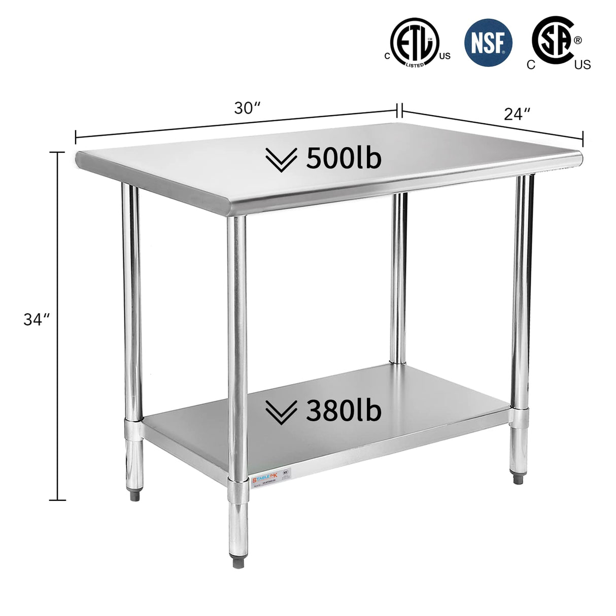 STABLEINK NSF Stainless Steel Table, 24 x 30 Inches Metal Prep & Work Table with Adjustable Undershelf, for Commercial Kitchen, Restaurant, Hotel and Garage