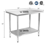 STABLEINK NSF Stainless Steel Table, 24 x 30 Inches Metal Prep & Work Table with Adjustable Undershelf, for Commercial Kitchen, Restaurant, Hotel and Garage