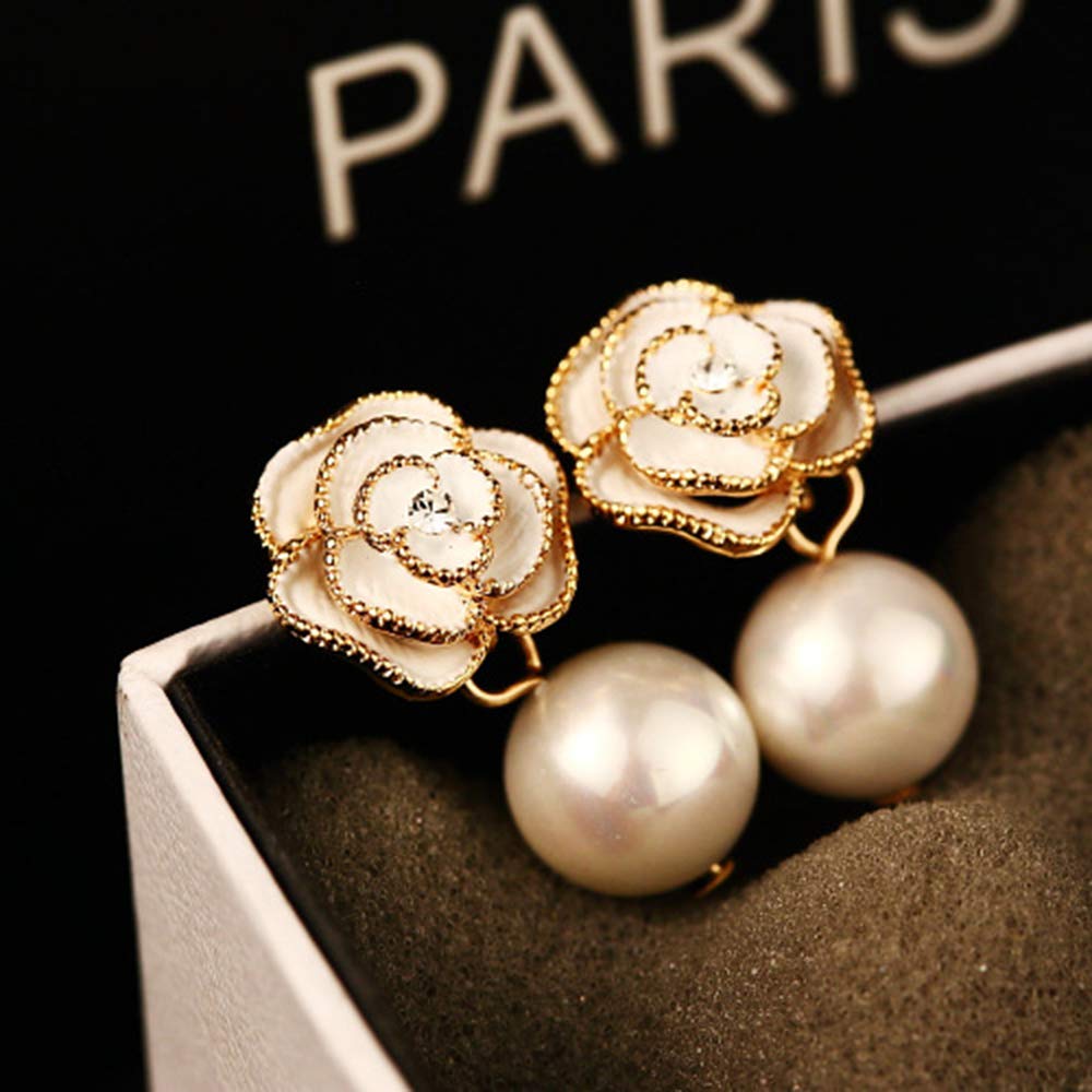Fashion Design Faux Pearl Charm Flower Dangle Drop Earrings Studs For Women (White)