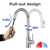 VANCOCO Kitchen Sink Mixer Tap 1 Hole, Single High Arch Kitchen Tap with 360° Swivel Pull Down Sprayer 2 Modes, SUS304 Stainless Steel Faucet