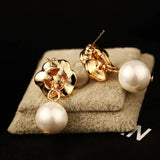 Fashion Design Faux Pearl Charm Flower Dangle Drop Earrings Studs For Women (White)