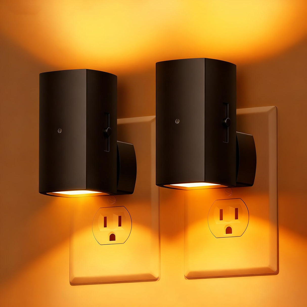Brightown 2 Pack Black White Night Lights Plug into Wall, Modern Night Light with Rotating Plug, Dusk to Dawn Sensor, 0-100LM Stepless Dimming Aora Night Light for Hallway Bedroom Bathroom,Amber