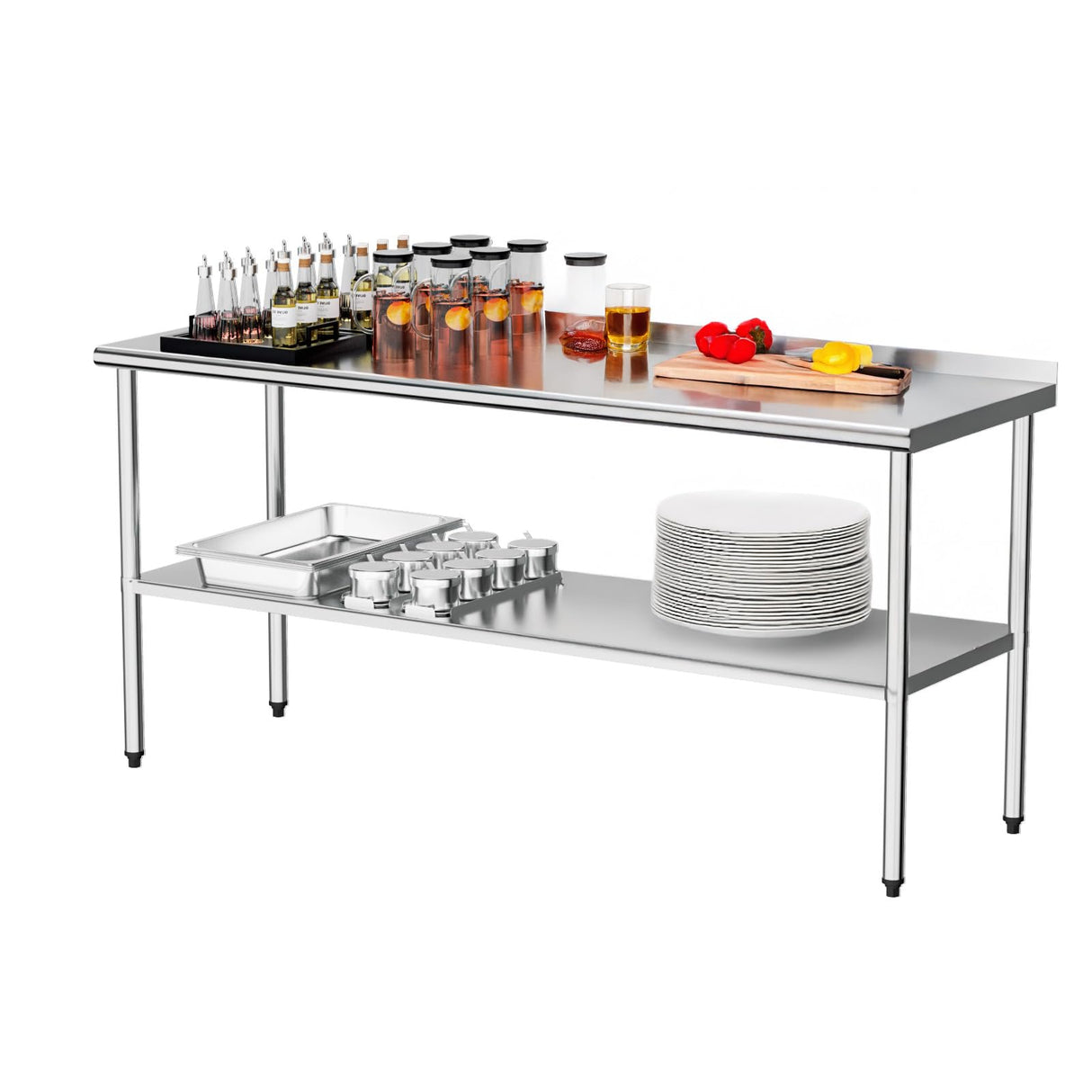 ROVSUN 72'' x 24'' Stainless Steel Table for Prep & Work,Commercial Worktables & Workstations,Heavy Dut Metal Table with Adjustable UnderShelf & Backsplash for Kitchen, Restaurant,Home,Hotel