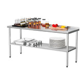 ROVSUN 72'' x 24'' Stainless Steel Table for Prep & Work,Commercial Worktables & Workstations,Heavy Dut Metal Table with Adjustable UnderShelf & Backsplash for Kitchen, Restaurant,Home,Hotel
