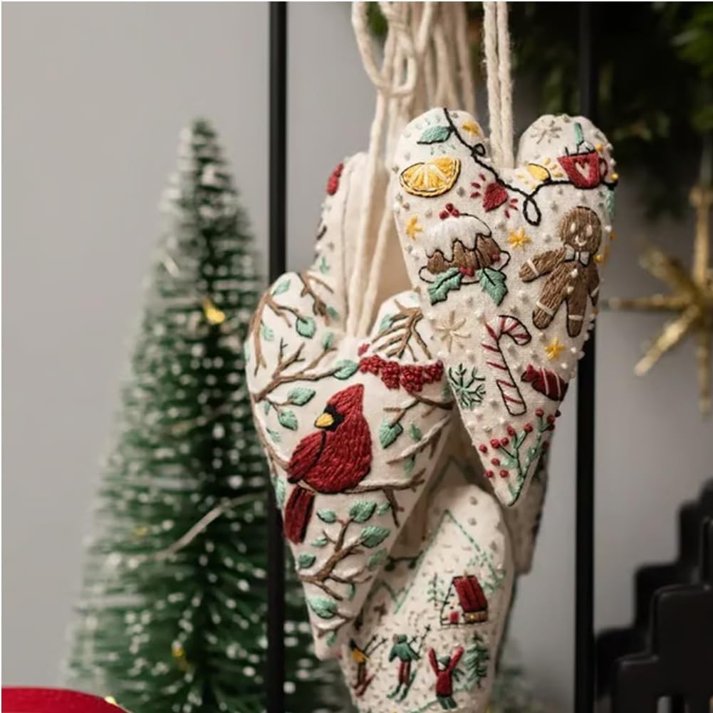 Froklic New Christmas Embroidery Kits, DIY Heart Shaped Hand Christmas Tree Embroidered Ornament Kit, Nativity Cross Stitch Kit for Winter Pattern Embroidery Decoration (with Needles-8PCS)