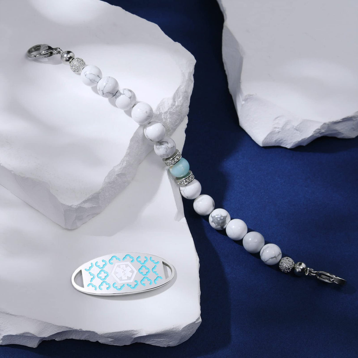 JFJEWER Medical Alert Bracelets for Women Free Engraving, Personalized Customizable ID Bracelet, White Turquoise Beaded Emergency Bracelets - Style 6