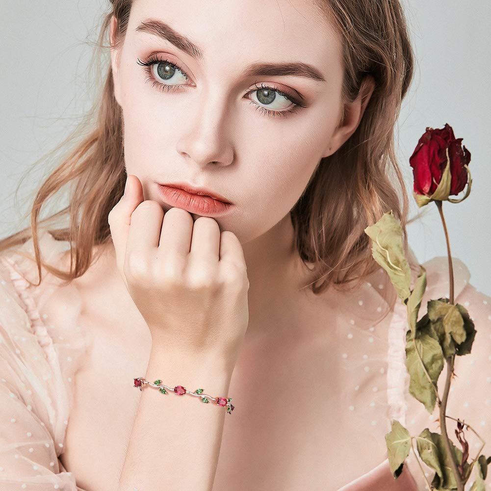 BISAER Mothers Day Gift/Lovely Rose Gold Plated Bracelets with AAA Cubic Zirconia Ruby Flower Emerald Leaf Beautiful Vine Bracelet for Women 7 Inch-Ideal Tennis Bracelets Valentine’s Day Gift