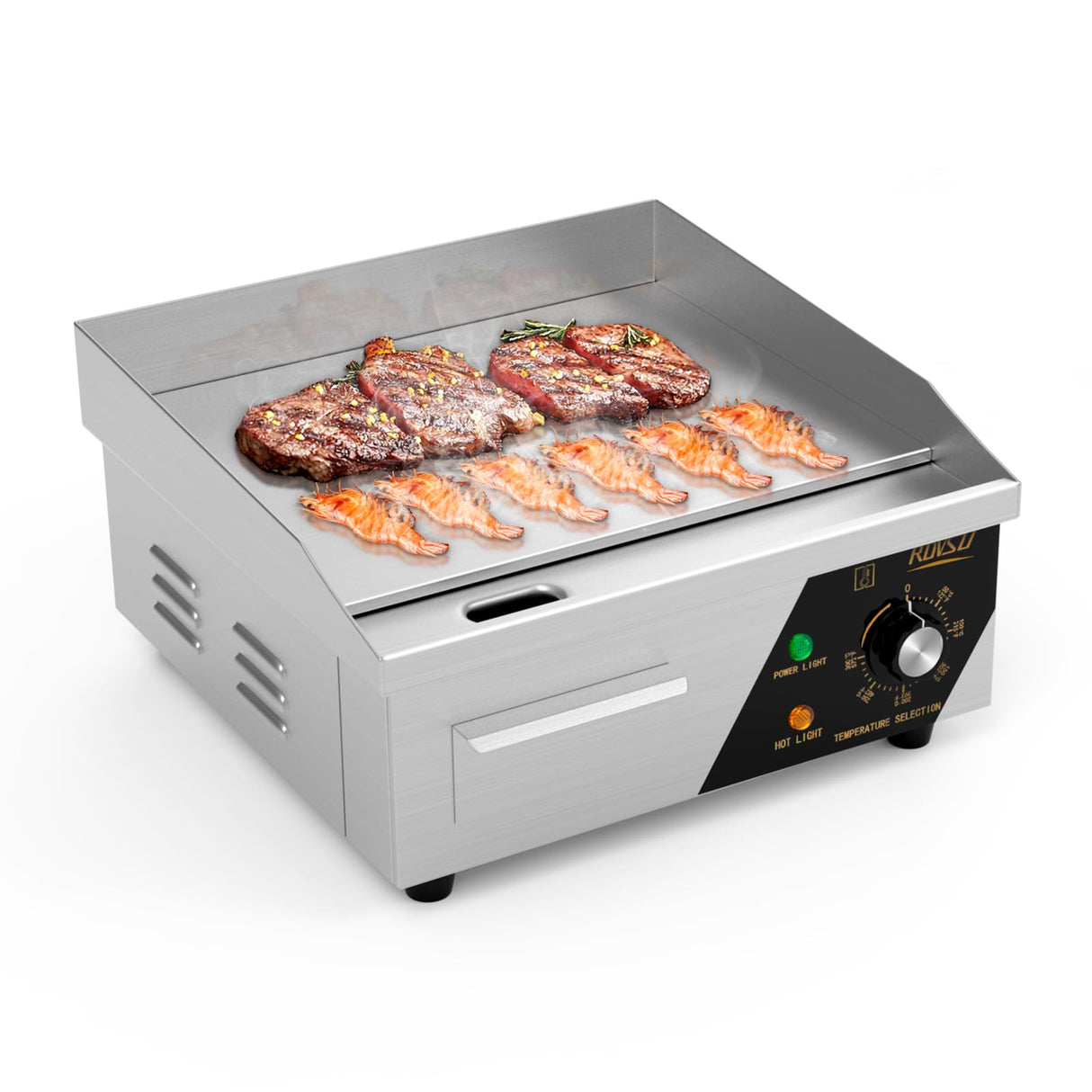 ROVSUN 14" Electric Countertop Flat Top Griddle, 1500W Electric Griddle, Teppanyaki Grill Stainless Steel with Adjustable Temperature Control 122°F-572°F for Home Restaurant Commercial