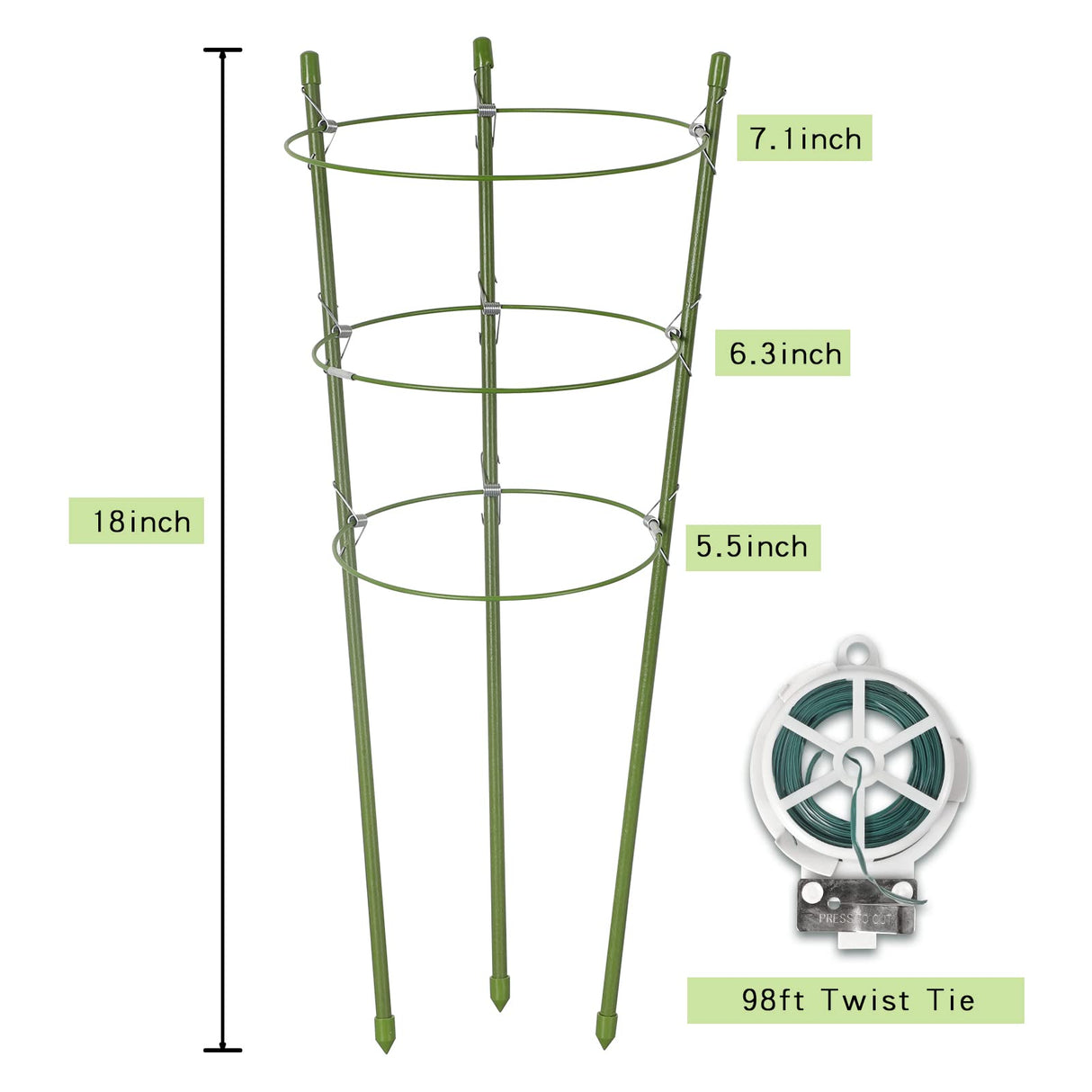 Garmeinea 6 Pack Plant Support Cages 18 Inches Small Tomato Cages and Supports with Adjustable Rings for Garden Pots, Climbing Plants, Bonus 98 Feet Twist Ties