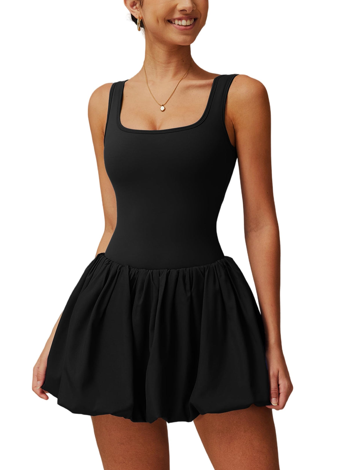 ABOCIW Woman's Black Tennis Dress Squre Neck Sleeveless Bubble Mini Dress Workout Athletic Dress Build in Shorts with Pockets Black Small