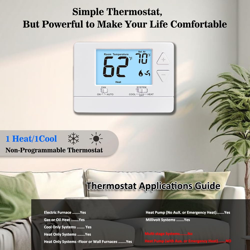 NonProgrammable Thermostat for Home, Digital Energy-Saving Thermostat,Single-Stage Systems, 1 Heat/1 Cool, Easy DIY Install,White Backlight