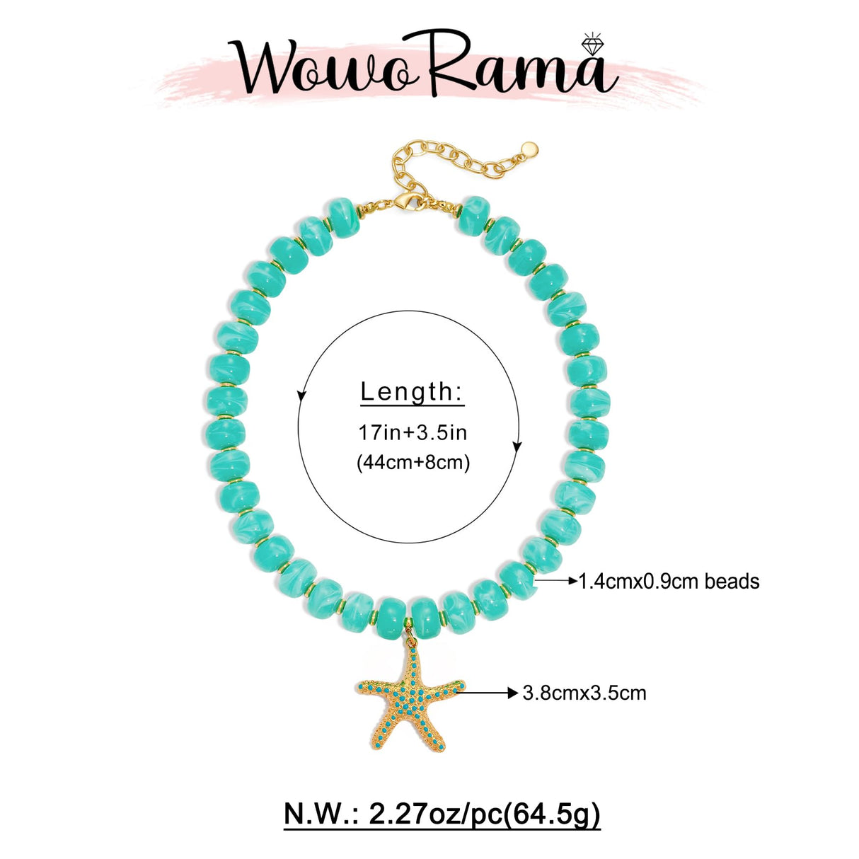 WOWORAMA Boho Chunky Beaded Necklaces for Women Ocean Blue Resin Beads Necklace with Gold Starfish Pendant Necklace Coastal Summer Statement Necklaces Jewelry