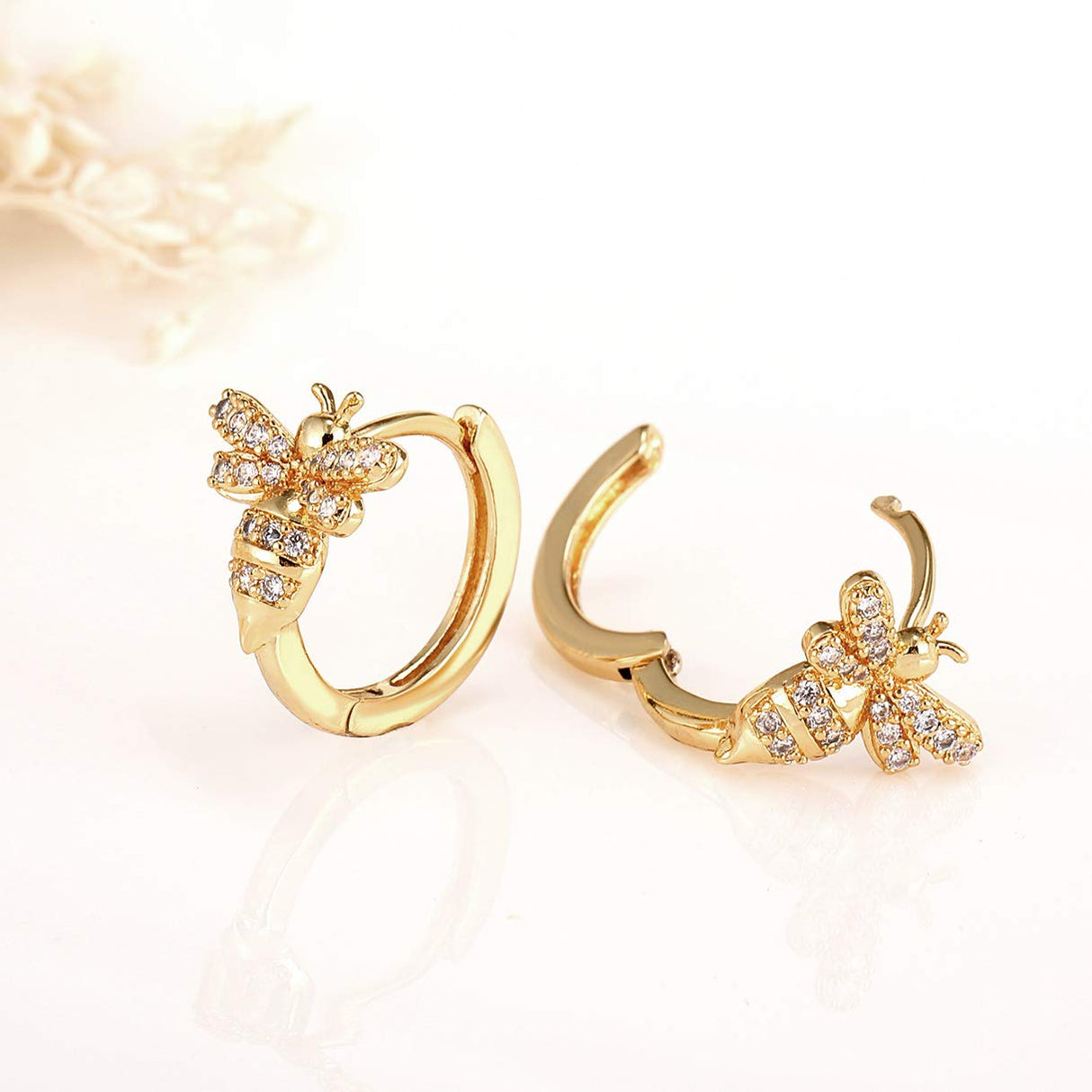 18K Gold Bee Earrings for Women, Hypoallergenic Stud with Cubic Zirconia, Hoop Earrings for Women, Gold/Silver Colors