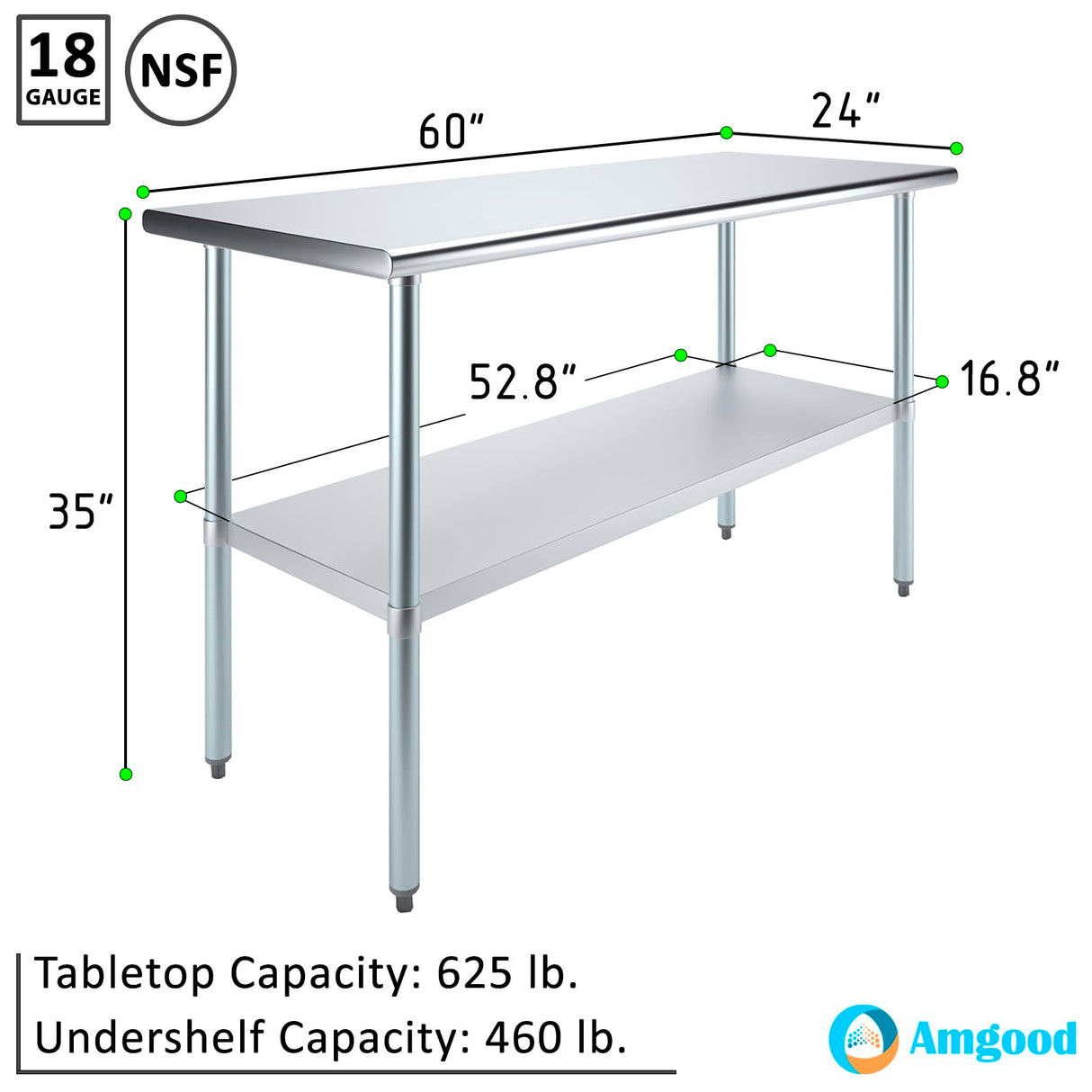 AmGood 24 in. x 60 in. Stainless Steel Work Table | Metal Kitchen Food Prep Table | NSF