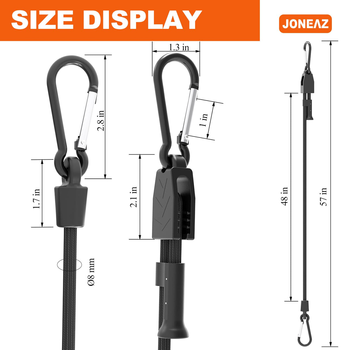 Joneaz 8 Pcs 48" Adjustable Bungee Cords with Hooks, Heavy Duty UV Resistant Shock Straps with Carabiner Clips