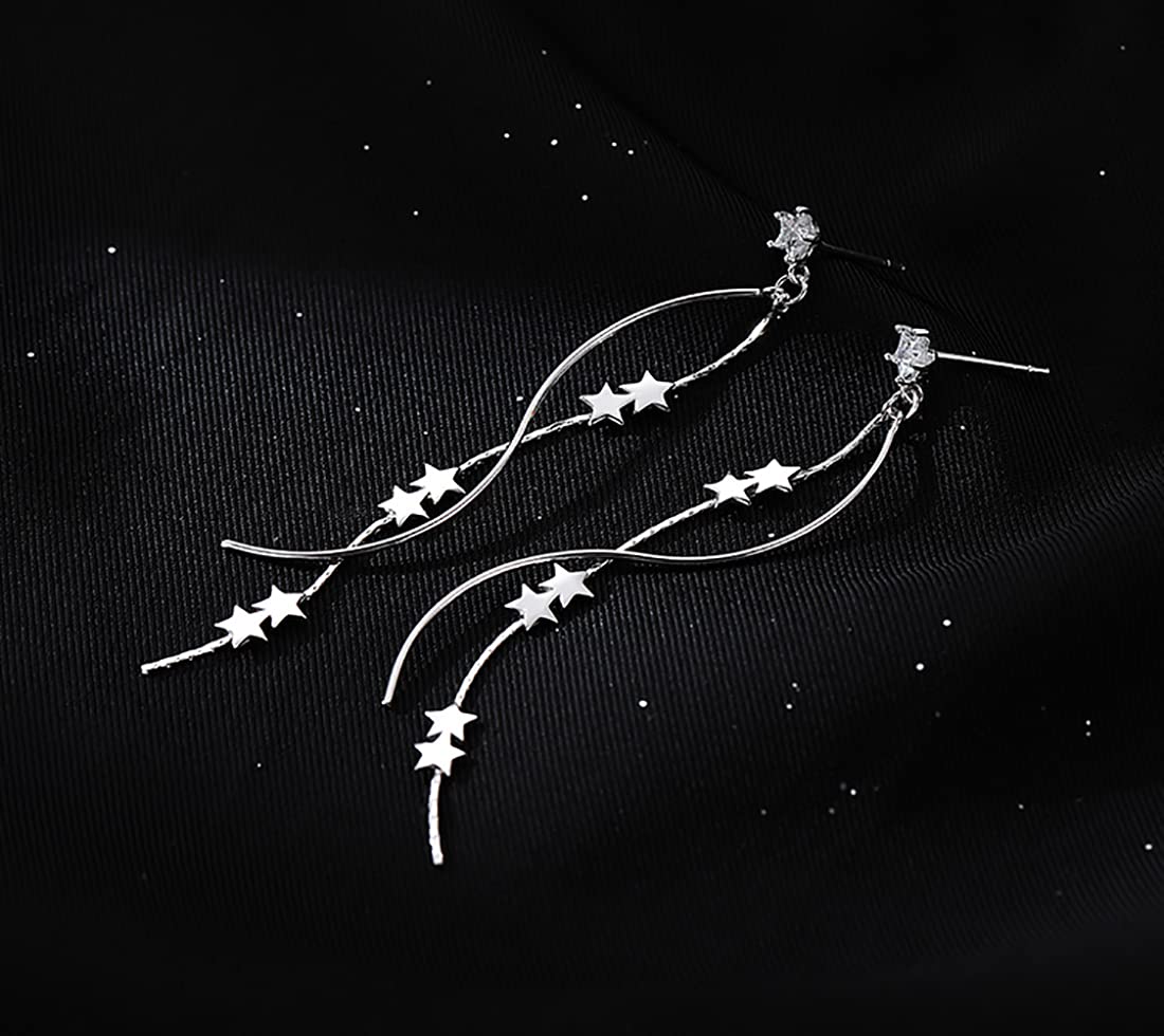 SLUYNZ Sterling Silver Star Dangle Earrings for Women Teens Girls Long Dangle Earrings Chain Curve Spiral Line Earrings Tassel (A-Silver)