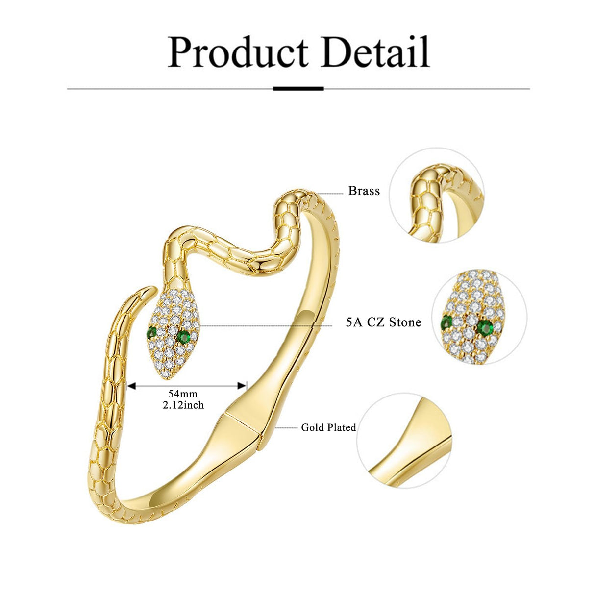BISAER Original Open Bangle Bracelets for Women, Snake Bracelet Adjustable Chunky Gold Bracelet Snake Jewelry Gifts