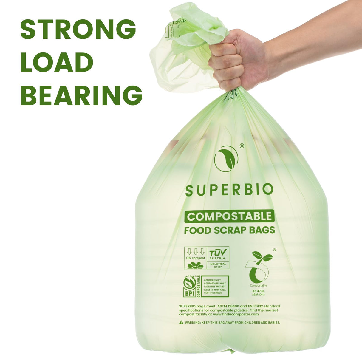 SUPERBIO 13 Gallon Flat Top Compostable Food Waste Bags, 50 Count, 2 Pack, 49.2L, 0.87 Mil, ASTM D6400 BPI and OK compost INDUSTRIAL