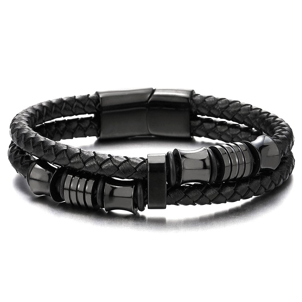 Men's Black Braided Leather Bracelet with Stainless Steel Accents Double-Layer Design Durable Biker Punk Style Wristband Modern Minimalist Fashion Jewelry for Men