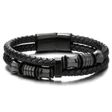 Men's Black Braided Leather Bracelet with Stainless Steel Accents Double-Layer Design Durable Biker Punk Style Wristband Modern Minimalist Fashion Jewelry for Men
