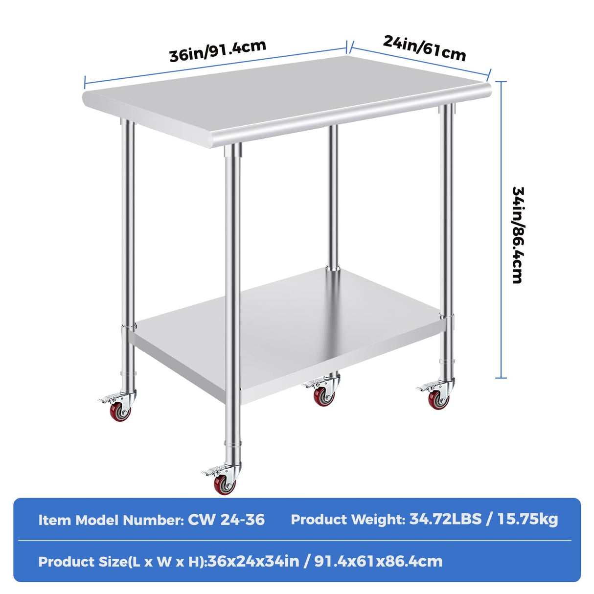 OSTBA Stainless Steel Table for Prep & Work 24x36 Inches with Casters Wheels, NSF Metal Commercial Heavy Duty Table with Adjustable Undershelf for Restaurant Kitchen Home and Hotel