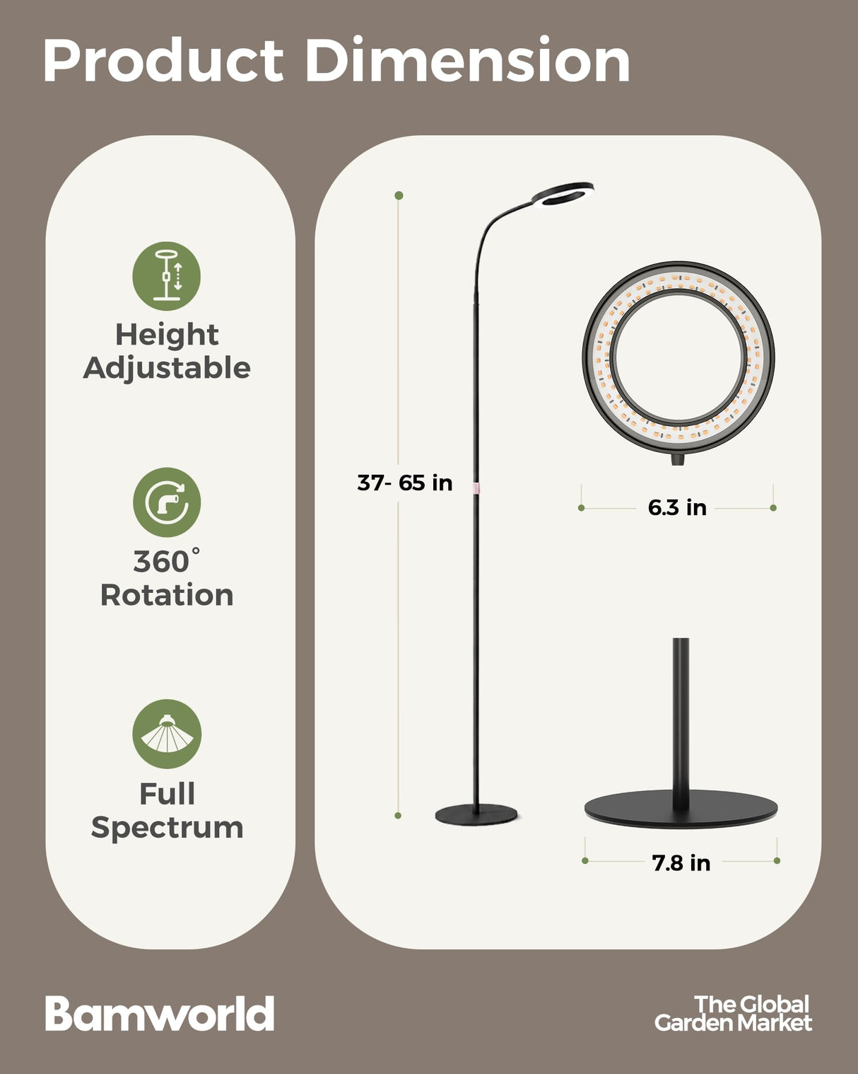 Bamworld Grow Lights for Indoor Plants, Full Spectrum Plant Lights for Indoor Growing, Floor Grow Lamp for Large Plants, Auto ON/Off Timer 3/9/12H, 10 Dimmable Levels, 37-65" Adjustable Height