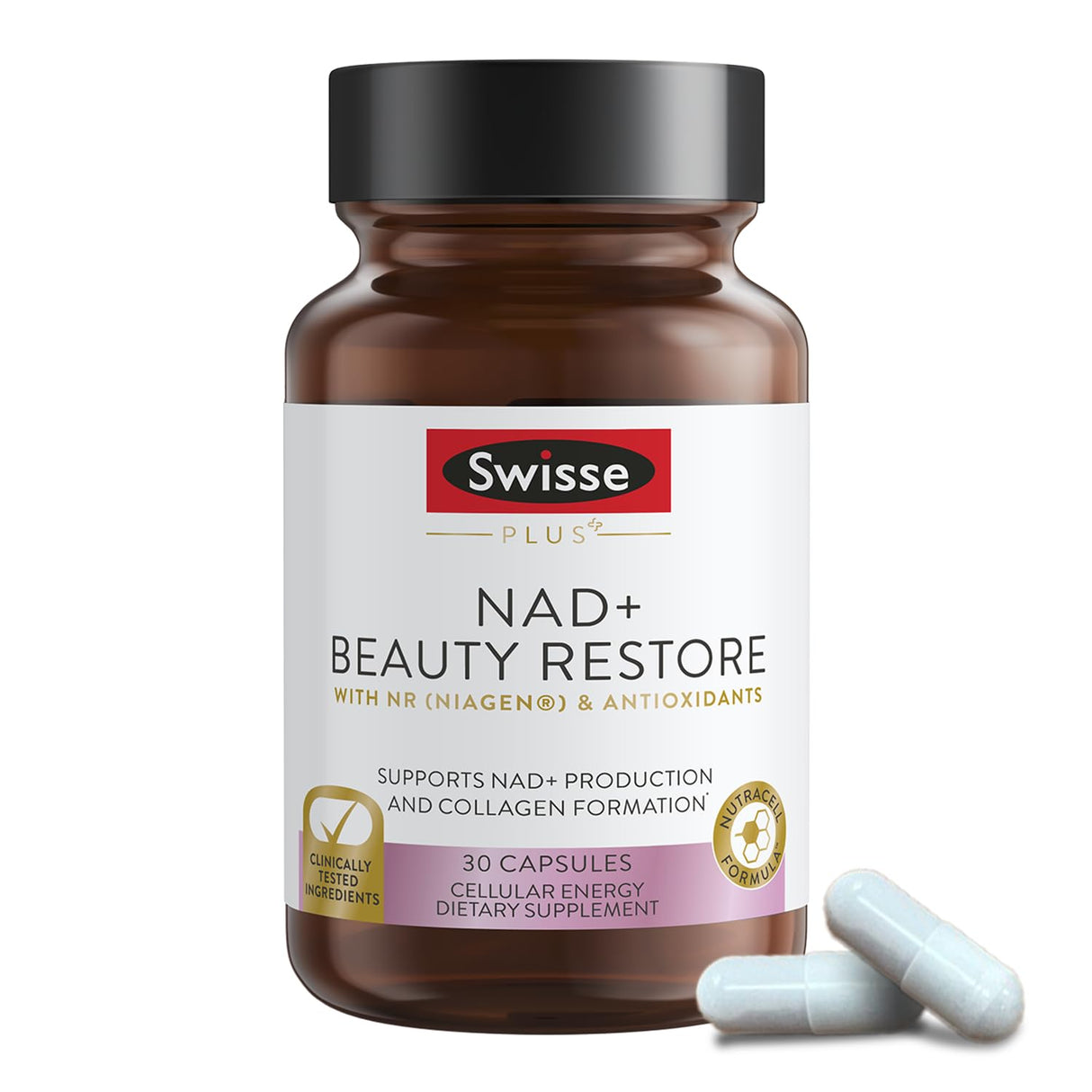 Swisse Plus NAD+ Beauty Restore | Clinically Tested Ingredients | NAD+ Supplement for Men & Women | Supports Collagen Formation, Skin Elasticity & Anti-Aging Supplement | 30 Capsules
