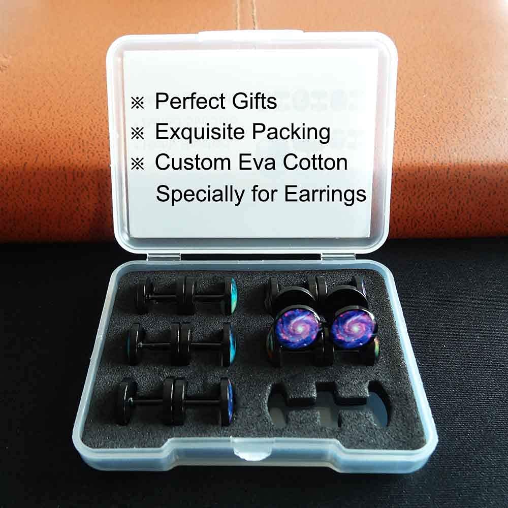 FLYUN Earrings For Men, Fake Gauge, Flat Back, Mens Men's Faux Gauge Fake Plug 6Pairs Galaxy Surgical Steel Black Stud Screw Earrings (Green)