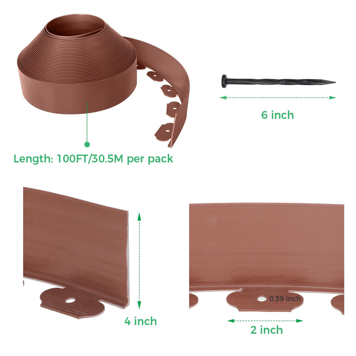 4-Inch x 100 FT Landscape Edging Border with 150 Stakes, Plastic Garden Edging Border Kit, Flexible No Dig Lawn Edging Border for Garden Flower Beds Yard Pathway Paver (Brown)