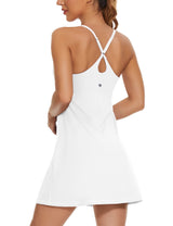 Womens Tennis Dress, 2-in-1 Golf Workout Dress with Built-in Bra & Shorts Pockets, Athletic Dresses with Adjustable Strap B-White