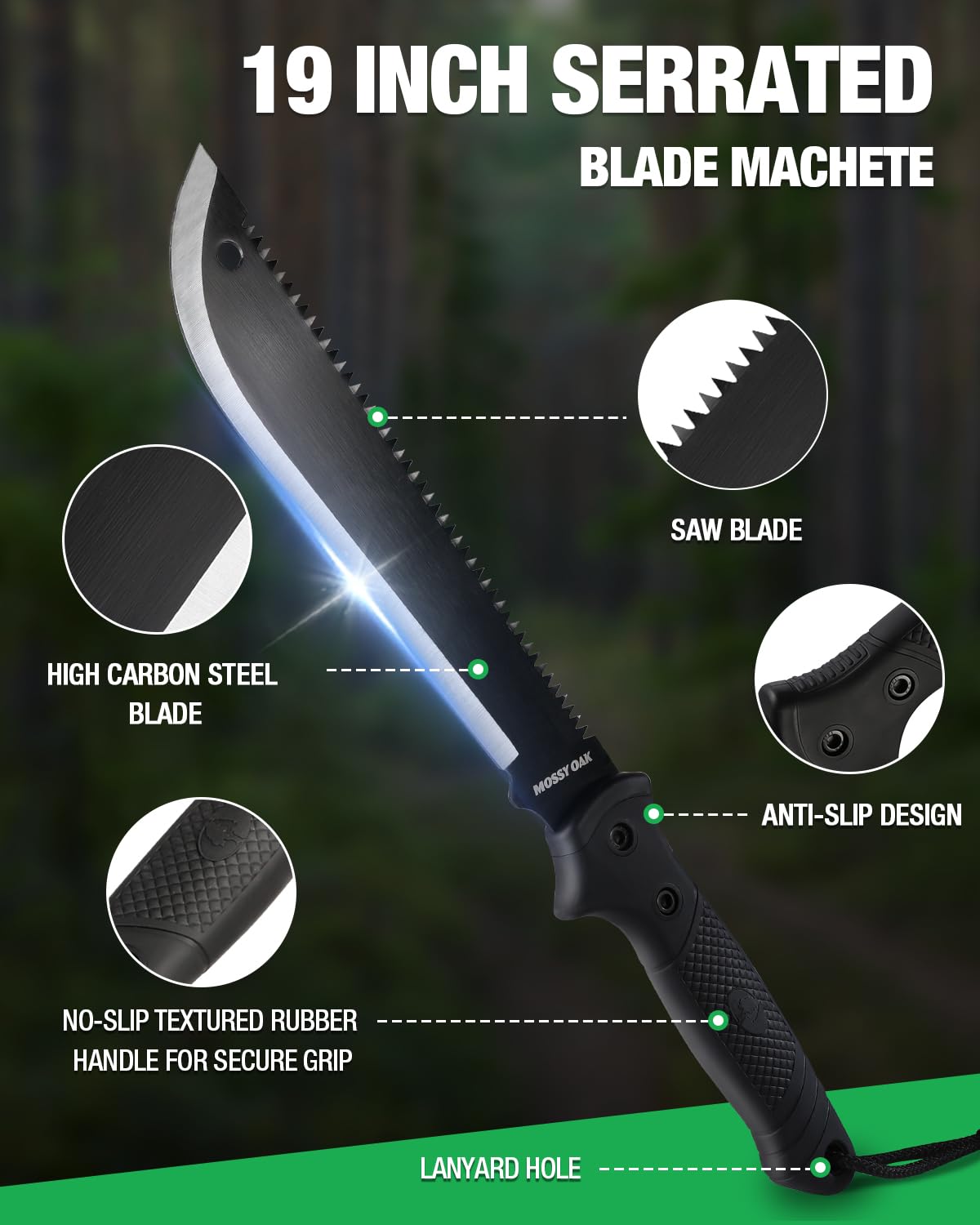 Mossy Oak Machete with Saw, 19" Sharp Machete with Sheath