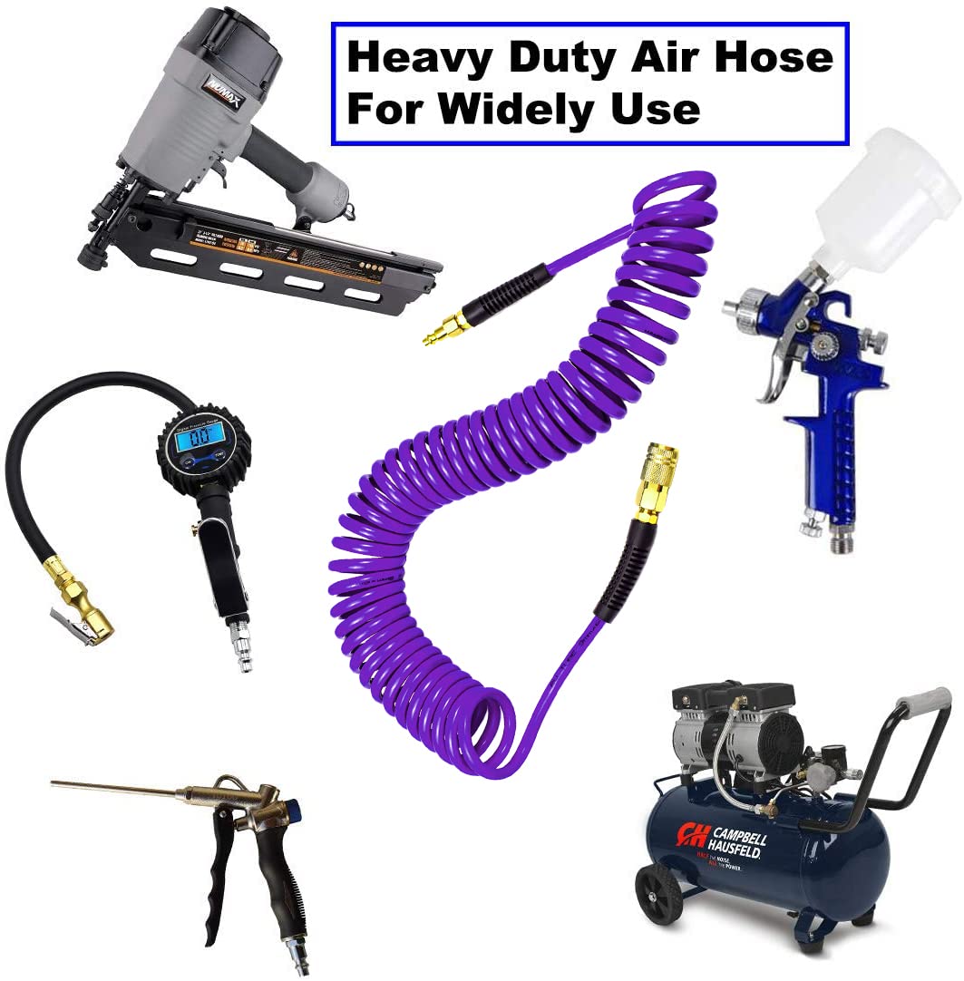 YOTOO Polyurethane Recoil Air Hose, Air Compressor Hose 1/4" Inner Diameter by 25' Long with Bend Restrictor, 1/4" Industrial Quick Coupler and Plug, Purple