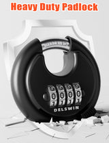 DELSWIN 4-Digit Disc Combination Lock Outdoor - Heavy Duty Combination Padlocks with Hardened Steel Shackle Weatherproof Combo Locks for Gates,Sheds,Fence,Storage Unit (3/8" Shackle, Black and Silver)