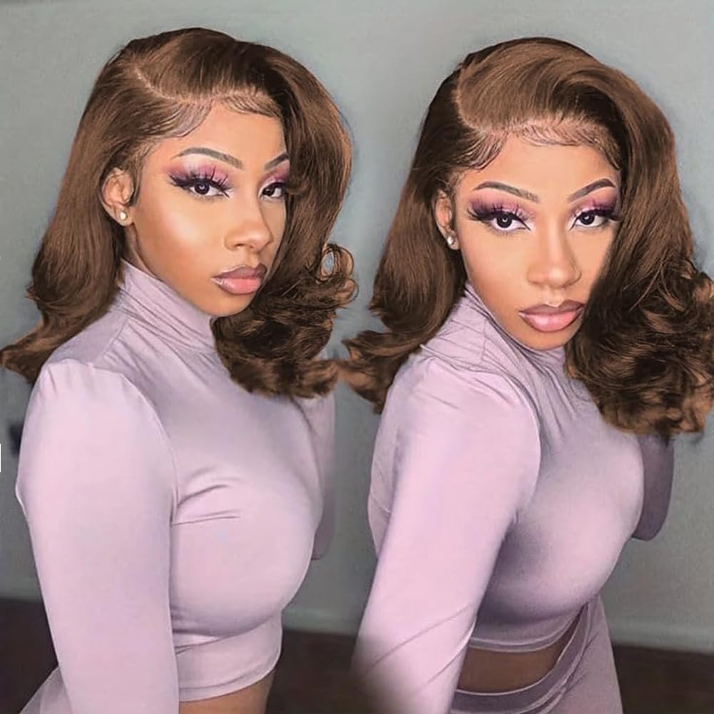 Brown Bob Wig Human Hair 13x4 Frontal Lace Wig 14 Inch Body Wave HD Lace Front Wigs Human Hair Pre Plucked Glueless Bob Wigs for Women (#4 Brown, 14 Inch)