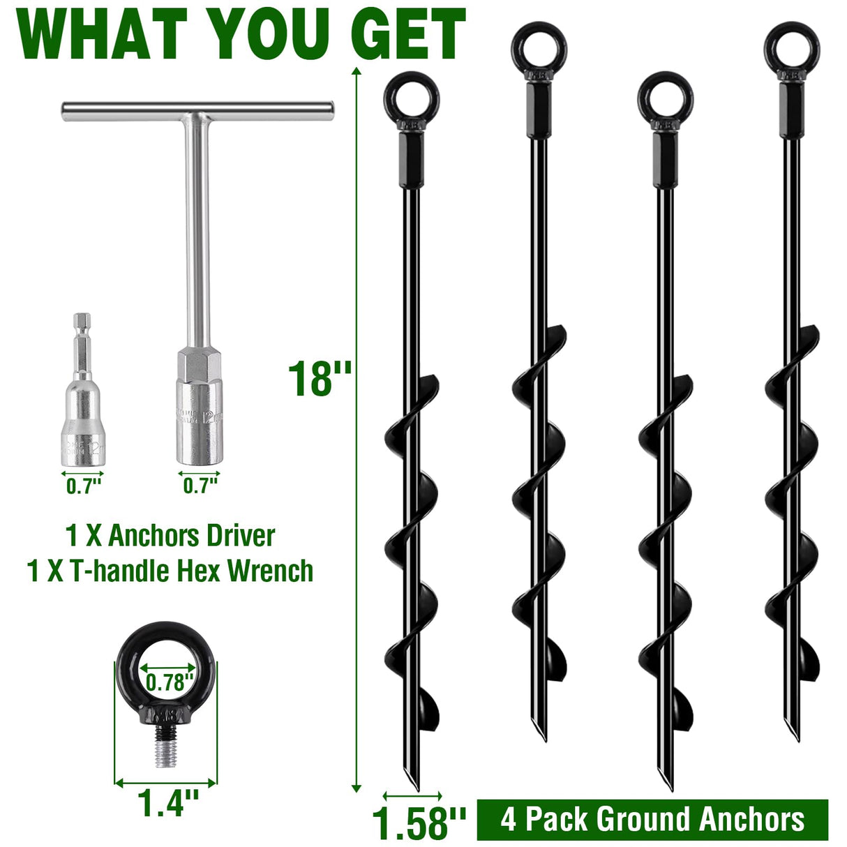 Fabulas Ground Anchors Screw in, 18 Inch 4 Pack Spiral Swing Set Trampoline Earth Anchor Heavy Duty Metal Auger Stakes Kit for Shed Tent Tree Dog High Wind Carports Camping Mobile Home Greenhouse