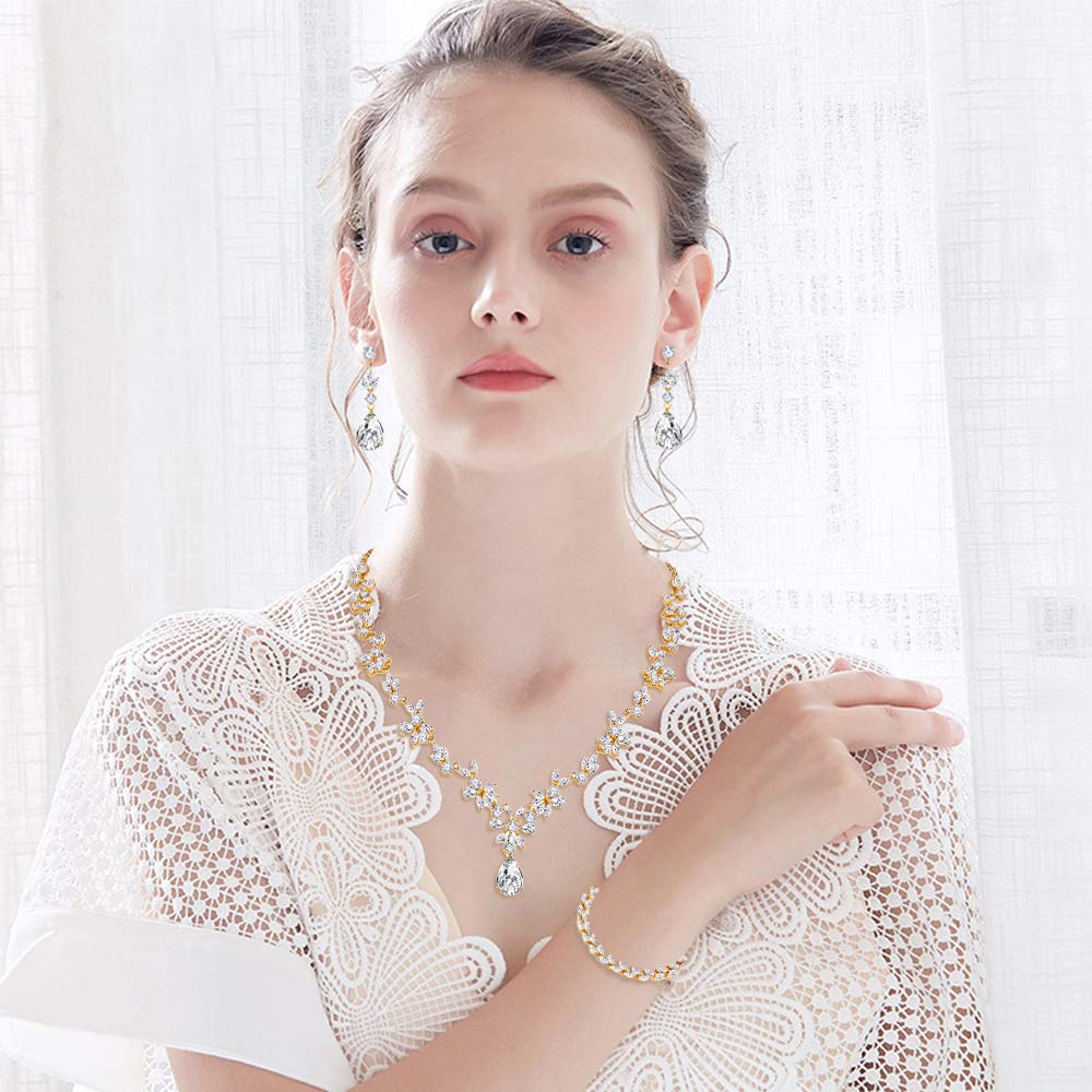 Hadskiss Jewelry Set for Women, Necklace Dangle Earrings Bracelet Set with White Cubic Zirconia, 18K Gold Plated Wedding Party Jewelry for Bridal Bridesmaid
