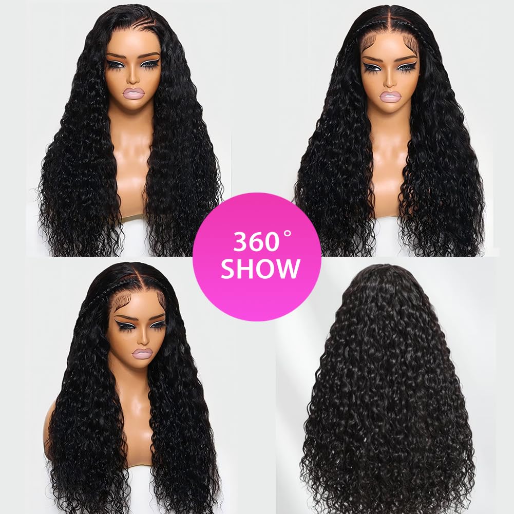 26 Inch Bye Bye Knots Wear and Go Glueless Wigs Human Hair Deep Wave HD 7X5 for Real No Glue Lace Wig, 3D Dome Cap Glueless Wig Pre Plucked, Pre Cut Glueless Wig Natural black 200% Density