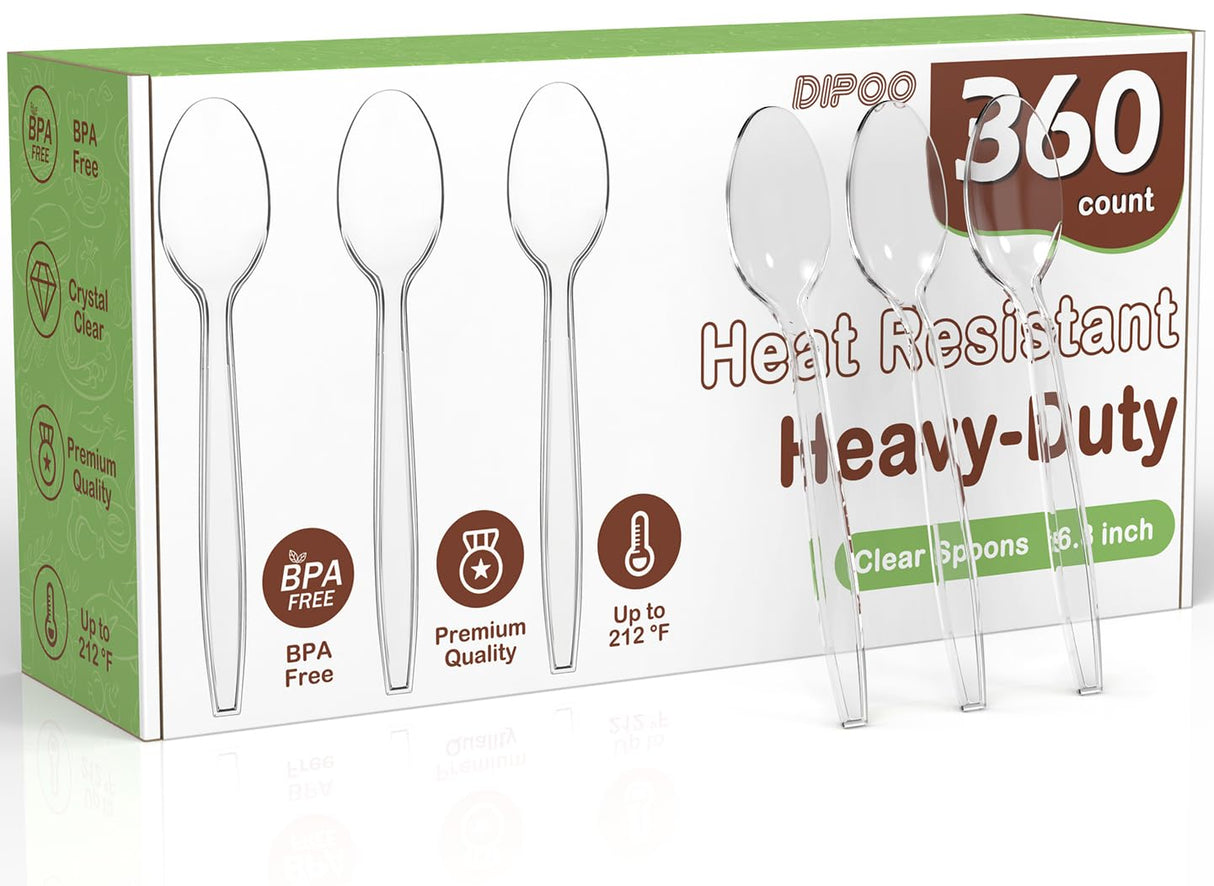 360pc 6.8" Clear Plastic Spoons Heavy Duty with Heat Resistant & BPA Free, Solid and Durable Plastic Cutlery, Premium Disposable Spoons for Party Supply