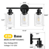 Unicozin Modern Bathroom Light Fixtures, 3 Light Vanity Lights, Black Wall Lamp with Clear Glass for Bathroom, Mirror, Living Room, Bedroom, Hallway, E26 Base