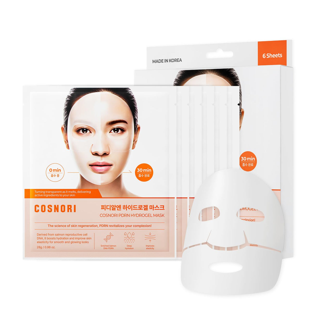 COSNORI PDRN Hydrogel Mask - Enriched Salmon DNA PDRN, Intensive Nourishing, Elasticity Boost, Firming & Moisturizing, Deep Hydration, Korean Facial Mask, 0.98 oz(28g) x 6ea