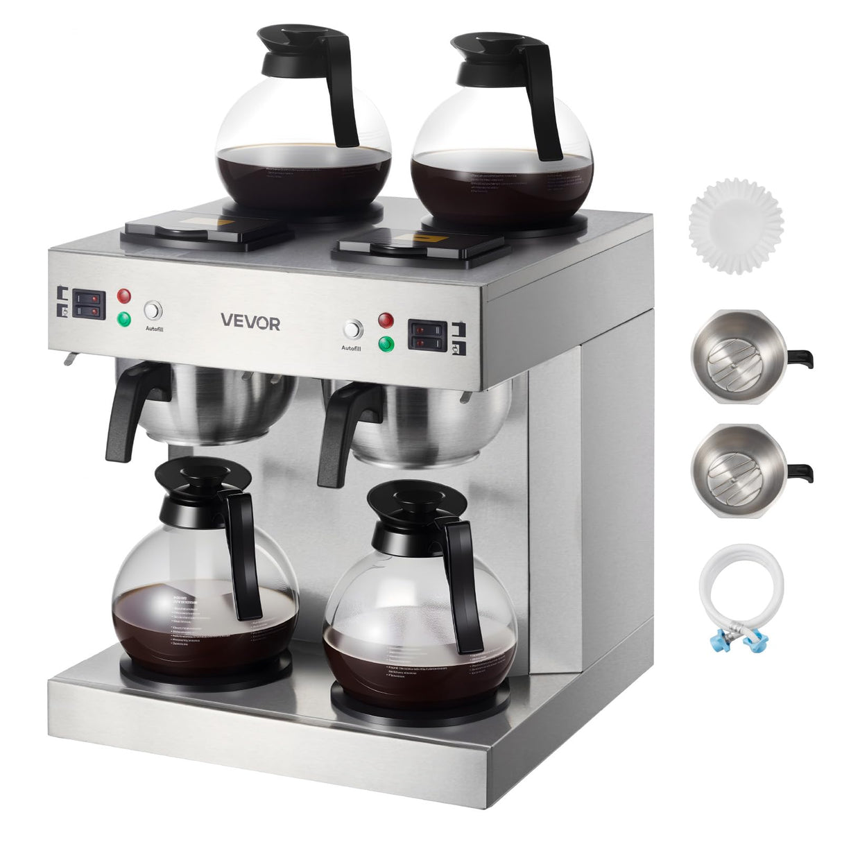 VEVOR Commercial Drip Coffee Maker, 24 Cups Coffee-Maker Machine with 4 Glass Carafes and 4 Decanter Warmer Plates, Stainless Steel Dual-Head Coffee Brewer, for Restaurant, Office, Coffee Shop & Home