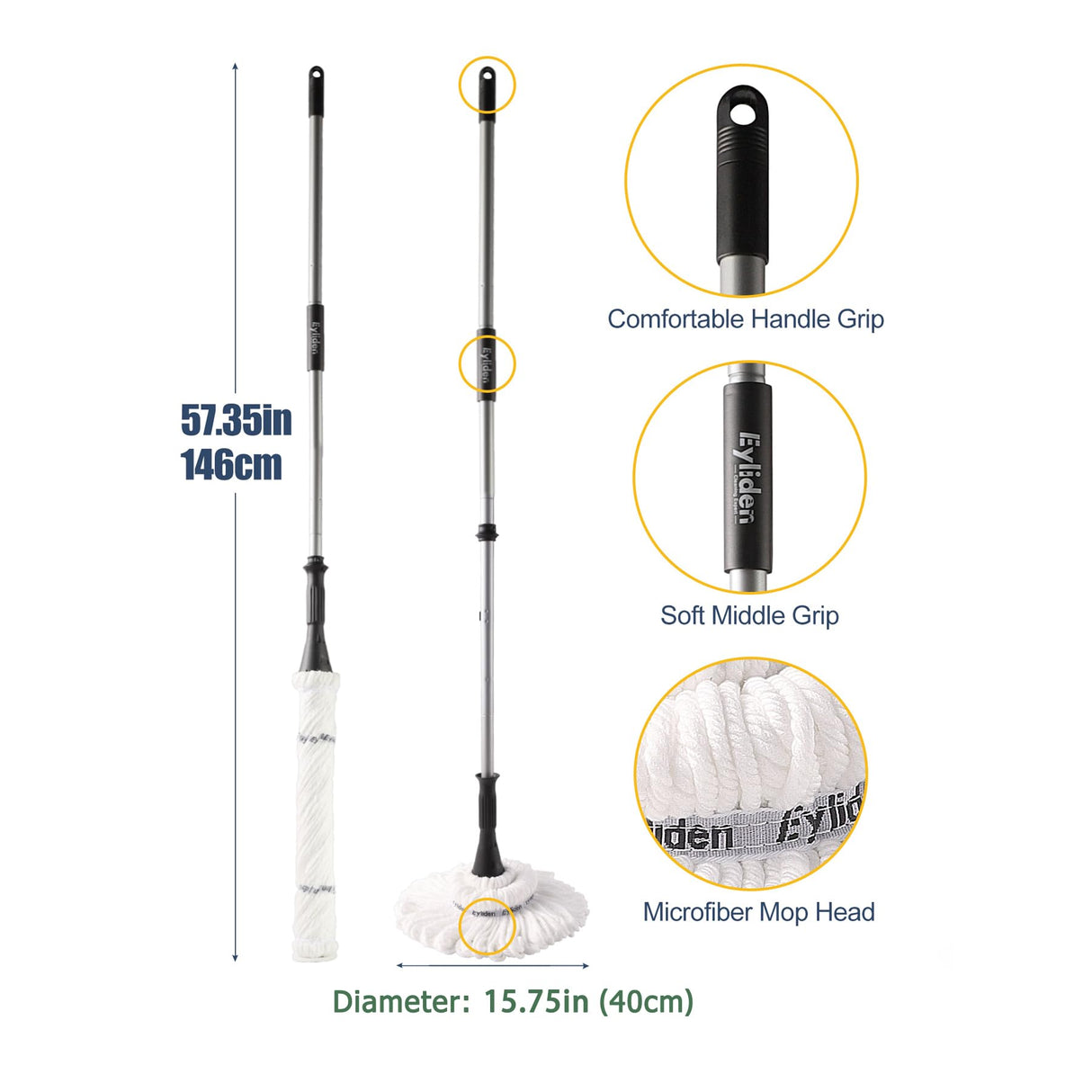 Eyliden Twist Mop, 2 Reusable Microfiber Heads, No Touch Dirt, Easy Wring
