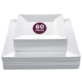 Aya's 60ct White Square Disposable Plates - Heavy Duty Plastic Party Plates for Christmas, Thanksgiving (30 Dinner & 30 Salad)