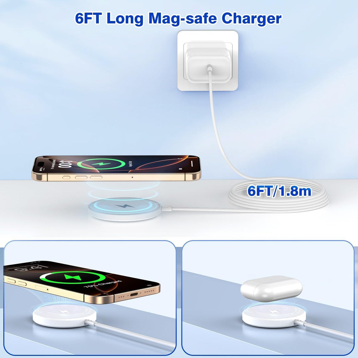 [Apple MFi Certified]Magnetic Wireless iPhone Charger Magsafe Charger,6FT 15W Fast Phone Charging Pad Wireless Magnetic Charge for iPhone 17/17Air/16 Pro Max/16 Plus/15 Pro Max/14/13/12/AirPods3/2/Pro