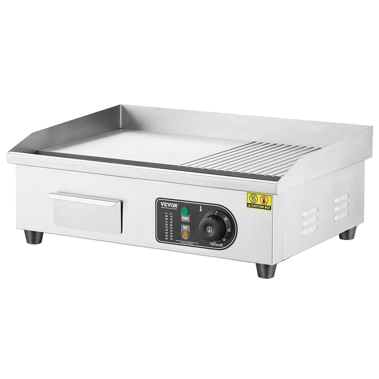 VEVOR Commercial Electric Griddle, 1600W Countertop Half-Flat Top Grill, 22in Stainless Steel Griddle Grill with 2 Shovels and 2 Brushes for Home or Restaurant, 122℉-572℉ Adjustable Temp