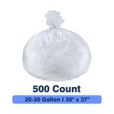 Plastiguide 20-30 Gallon Trash Can Liners, 500 Count High Density Garbage Bags, 30'' x 37'', Clear, for Outdoor, Bathroom, Office, Recycling, Janitoria, Commercial and Industrial Use