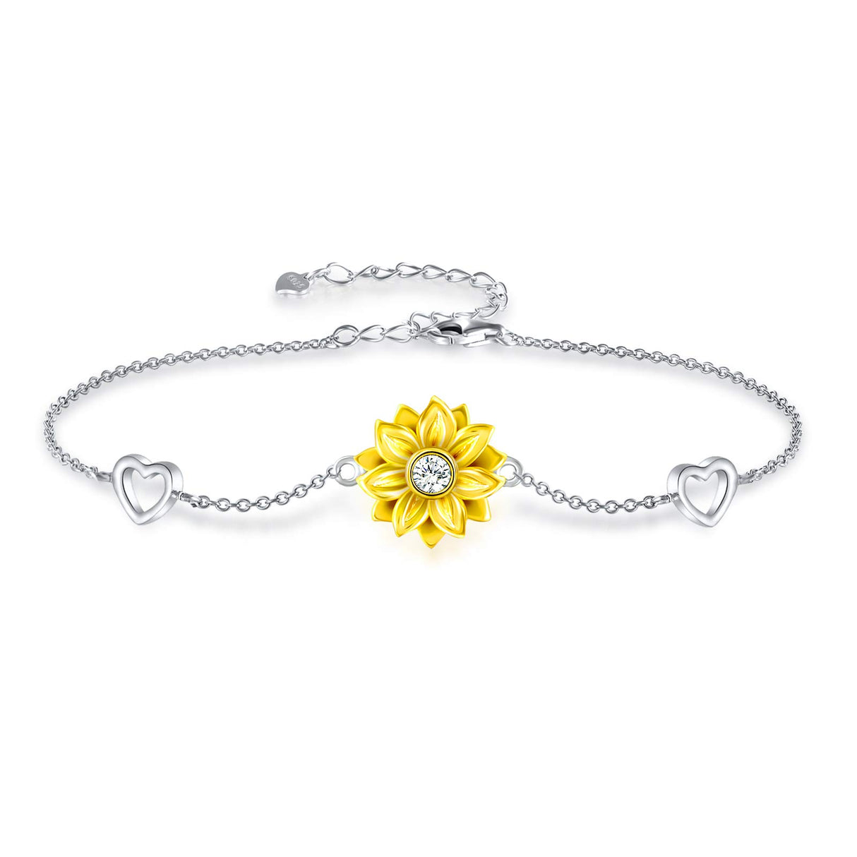 SNZM Bracelets for Women, 925 Sterling Silver Sunflower Bracelet Chain Adjustable Heart Charm Link Birthday Sunflower Jewelry for Women/Girlfriend