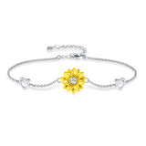 SNZM Bracelets for Women, 925 Sterling Silver Sunflower Bracelet Chain Adjustable Heart Charm Link Birthday Sunflower Jewelry for Women/Girlfriend