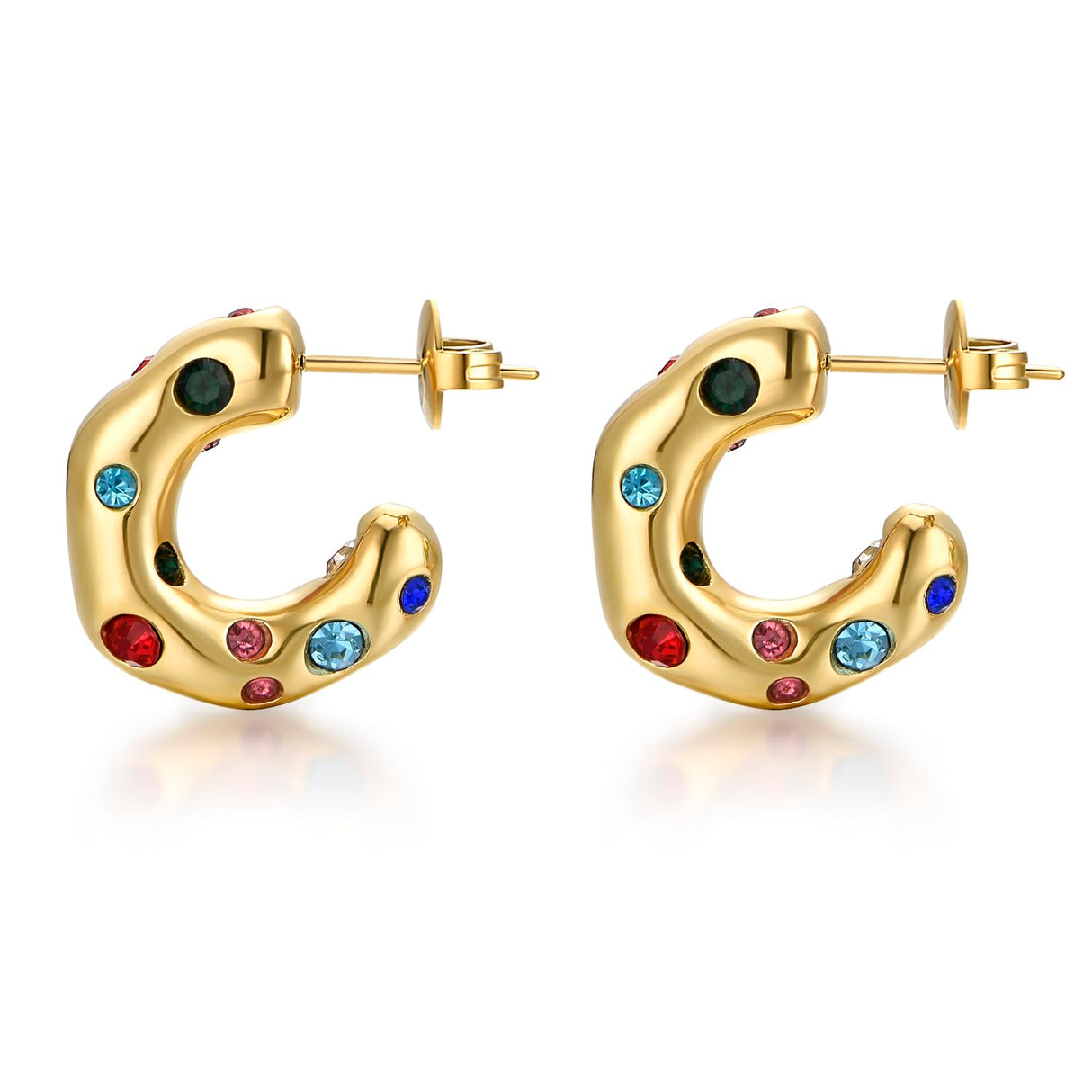 FRUMOS 14K Gold Huggie Hoops 925 Silver Post Colorful CZ Earrings for Women