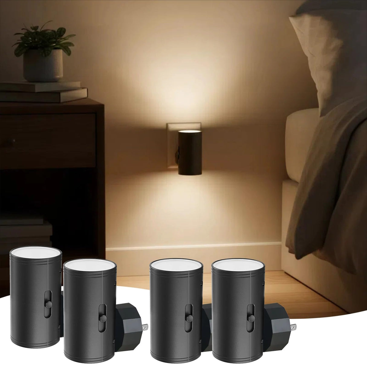 TSEXES 4 Pack LED Night Light Plug in, Dusk to Dawn Sensor,5-300LM Adjustable Brightness, Soft White 3000K,Dimmable Night Lights for Kitchen,Hallway Bedroom,Stairs